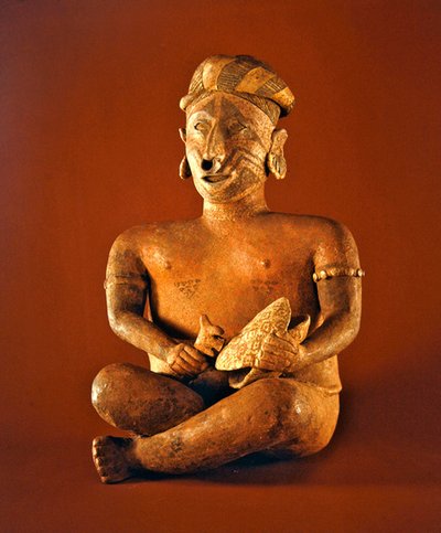 Seated figure with turtle shell drum, Ixtlan Nayarit Culture by Pre Columbian Pre Columbian